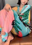 peopleterritory Fashion Peter Pan Collar Print Button Ice Silk Pajamas Two Pieces Set Spring LY1914
