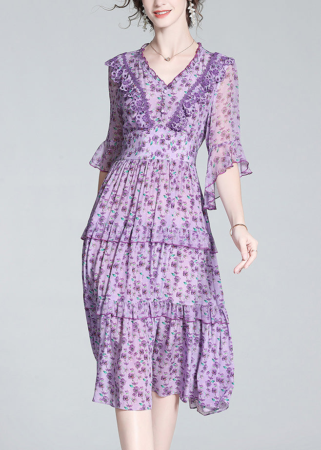 peopleterritory Fashion Purple V Neck Print Wrinkled Button Silk Long Dress Half Sleeve LY1036