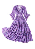 peopleterritory Fashion Purple V Neck Print Wrinkled Button Silk Long Dress Half Sleeve LY1036