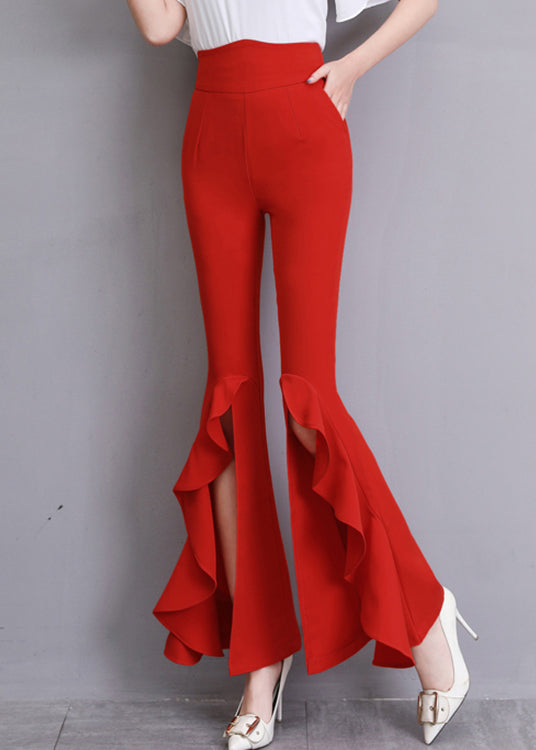 peopleterritory Fashion Red Ruffled Side Open Slim Bell Bottomed Trousers Summer LY0176