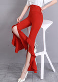 peopleterritory Fashion Red Ruffled Side Open Slim Bell Bottomed Trousers Summer LY0176