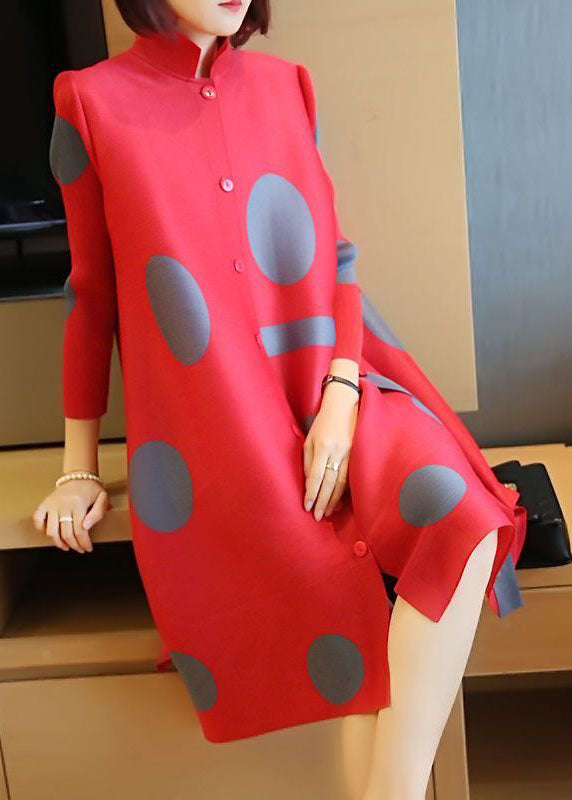 peopleterritory Fashion Red Stand Collar Dot Print Side Open Holiday Dresses Spring LY1483