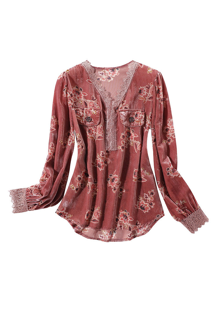 peopleterritory Fashion Red V Neck Print Lace Patchwork Silk Velour Top Spring LY0716