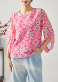 peopleterritory Fashion Rose Oversized Print Chiffon Shirt Top Bracelet Sleeve LC0385