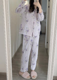 peopleterritory Fine Purple Print Button Pajamas Two Pieces Set Spring LY1872