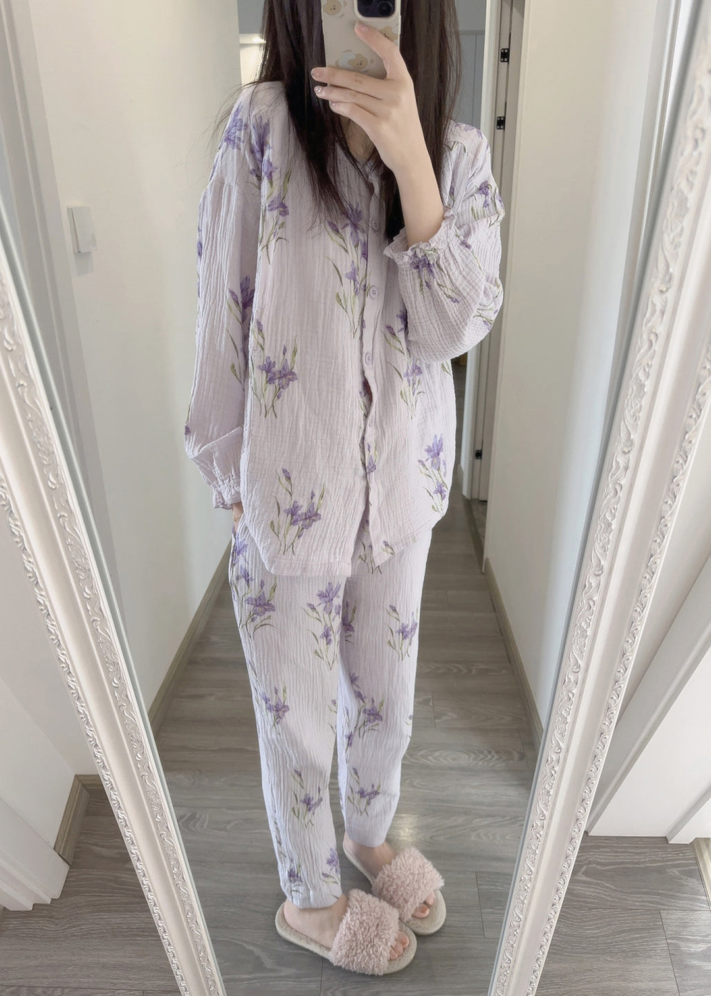 peopleterritory Fine Purple Print Button Pajamas Two Pieces Set Spring LY1872