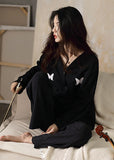 peopleterritory Fitted Black V Neck Butterfly Embroideried Cotton Pajamas Two Pieces Set Long Sleeve LY1886