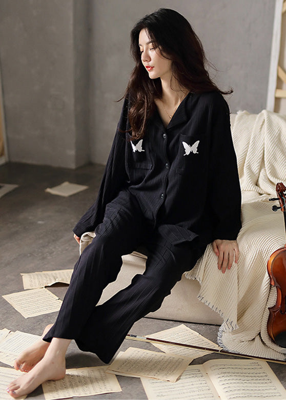 peopleterritory Fitted Black V Neck Butterfly Embroideried Cotton Pajamas Two Pieces Set Long Sleeve LY1886