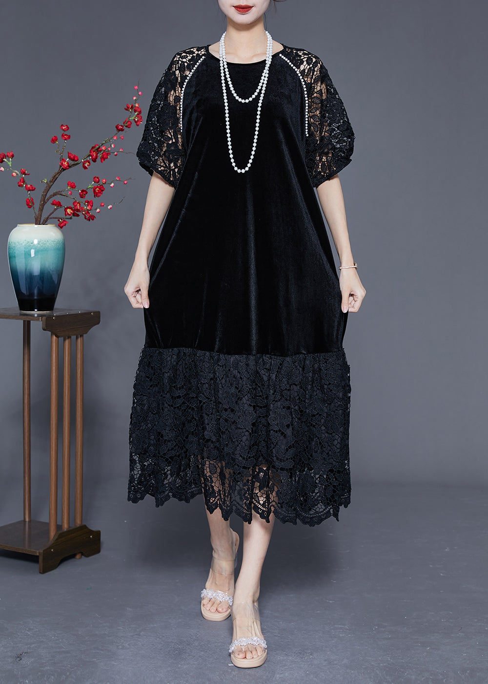 peopleterritory French Black Hollow Out Lace Patchwork Silk Velour Maxi Dresses Summer LY1765