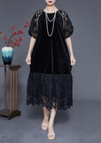 peopleterritory French Black Hollow Out Lace Patchwork Silk Velour Maxi Dresses Summer LY1765