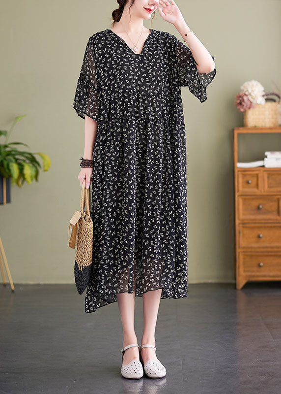 peopleterritory French Black V Neck Hooded Print Chiffon Dress Summer LY1503