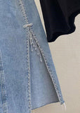peopleterritory French Blue Patchwork Nail Bead Tassel Denim Maxi Skirts TY1080