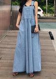 peopleterritory French Blue Wrinkled Patchwork Denim Long Dress Sleeveless LY1340