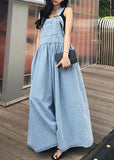 peopleterritory French Blue Wrinkled Patchwork Denim Long Dress Sleeveless LY1340