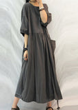 peopleterritory French Grey Oversized Patchwork Drawstring Wrinkled Cotton Dress Half Sleeve LY1305