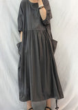 peopleterritory French Grey Oversized Patchwork Drawstring Wrinkled Cotton Dress Half Sleeve LY1305