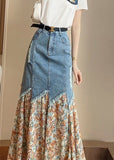 peopleterritory French Print Patchwork Button Denim Maxi Skirts Summer TY1084