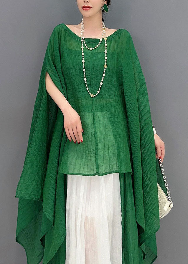 peopleterritory Green Asymmetrical Design Cotton Two Pieces Set Oversized Batwing Sleeve LY1577