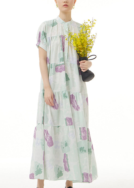 peopleterritory Green Print Button Maxi Dress Short Sleeve LY1207