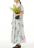 peopleterritory Green Print Button Maxi Dress Short Sleeve LY1207