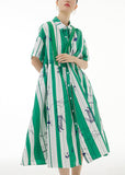 peopleterritory Green Striped Patchwork Button Cotton Long Dress Short Sleeve LY1196