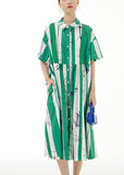 peopleterritory Green Striped Patchwork Button Cotton Long Dress Short Sleeve LY1196