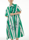 peopleterritory Green Striped Patchwork Button Cotton Long Dress Short Sleeve LY1196