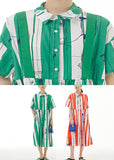 peopleterritory Green Striped Patchwork Button Cotton Long Dress Short Sleeve LY1196