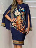 furdelashop Plus Size Peacock Floral Print Striped Bodycon Dress AT9060