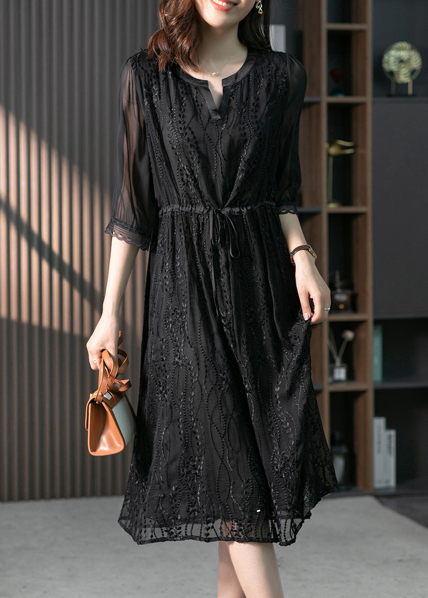 peopleterritory Handmade Black O-Neck Lace Patchwork Tie Waist Silk Maxi Dress Summer LY1733