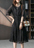 peopleterritory Handmade Black O-Neck Lace Patchwork Tie Waist Silk Maxi Dress Summer LY1733