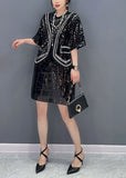 peopleterritory Handmade Black Sequins Patchwork False Two Pieces Dresses Spring LC0362