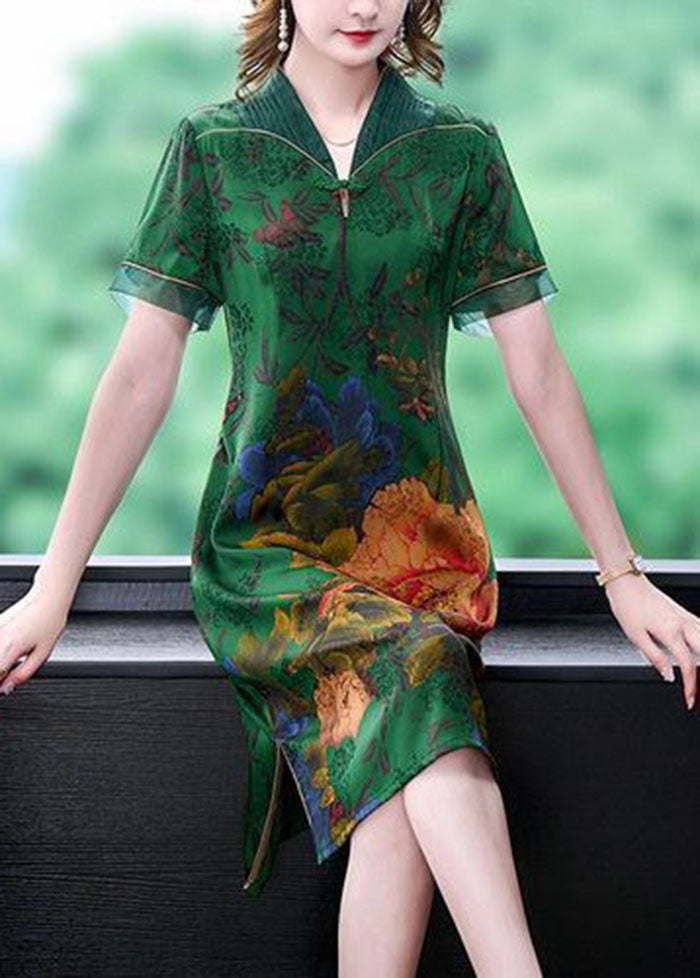 peopleterritory Handmade Green V Neck Print Slim Fit Silk Long Dress Summer LY1673