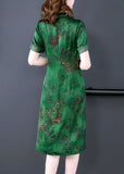 peopleterritory Handmade Green V Neck Print Slim Fit Silk Long Dress Summer LY1673