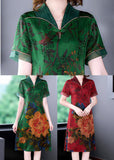 peopleterritory Handmade Green V Neck Print Slim Fit Silk Long Dress Summer LY1673