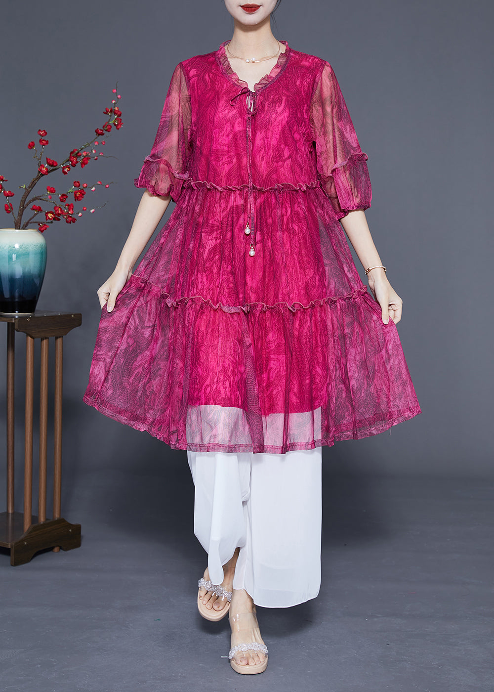 peopleterritory Handmade Rose Ruffled Exra Large Hem Chiffon Party Dress Half Sleeve LC0429