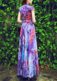 peopleterritory Italian Purple Stand Collar Print Chiffon Maxi Beach Dresses Summer LY1728