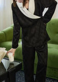 peopleterritory Jacquard Black Peter Pan Collar Patchwork Tie Waist Ice Silk Pajamas Two Pieces Set Spring LY1884