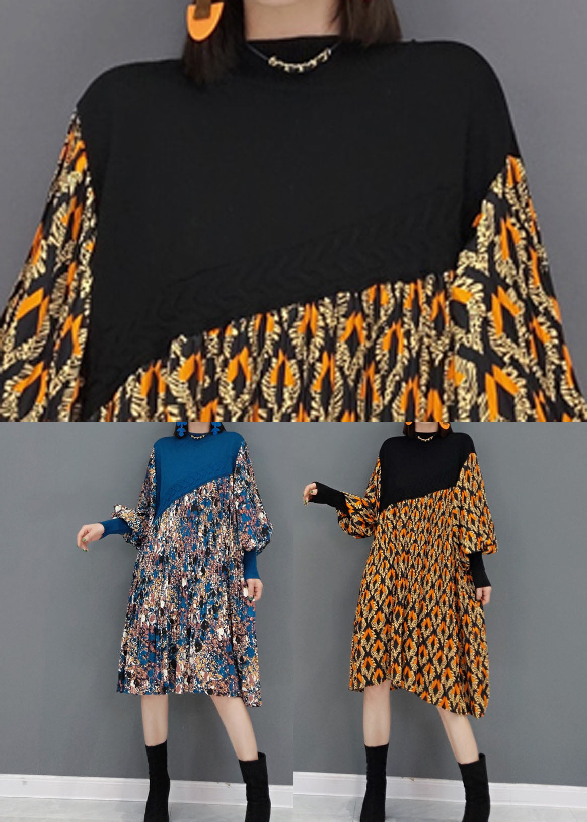 peopleterritory Khaki Knit Patchwork Chiffon Holiday Pleated Dress Spring LY1595