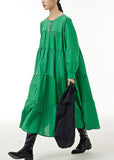 peopleterritory Loose Green O Neck Wrinkled Patchwork Cotton Dresses Spring LY1144