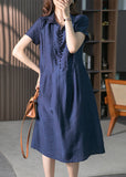 peopleterritory Loose Navy Peter Pan Collar Button Solid Long Dresses Short Sleeve LY1758