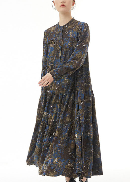 peopleterritory Modern Blue Stand Collar Print Wrinkled Patchwork Cotton Dresses Spring LY1152