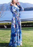 peopleterritory Modern Blue V Neck Print Tie Waist Chiffon Holiday Long Dress Long Sleeve LY1701