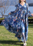 peopleterritory Modern Blue V Neck Print Tie Waist Chiffon Holiday Long Dress Long Sleeve LY1701