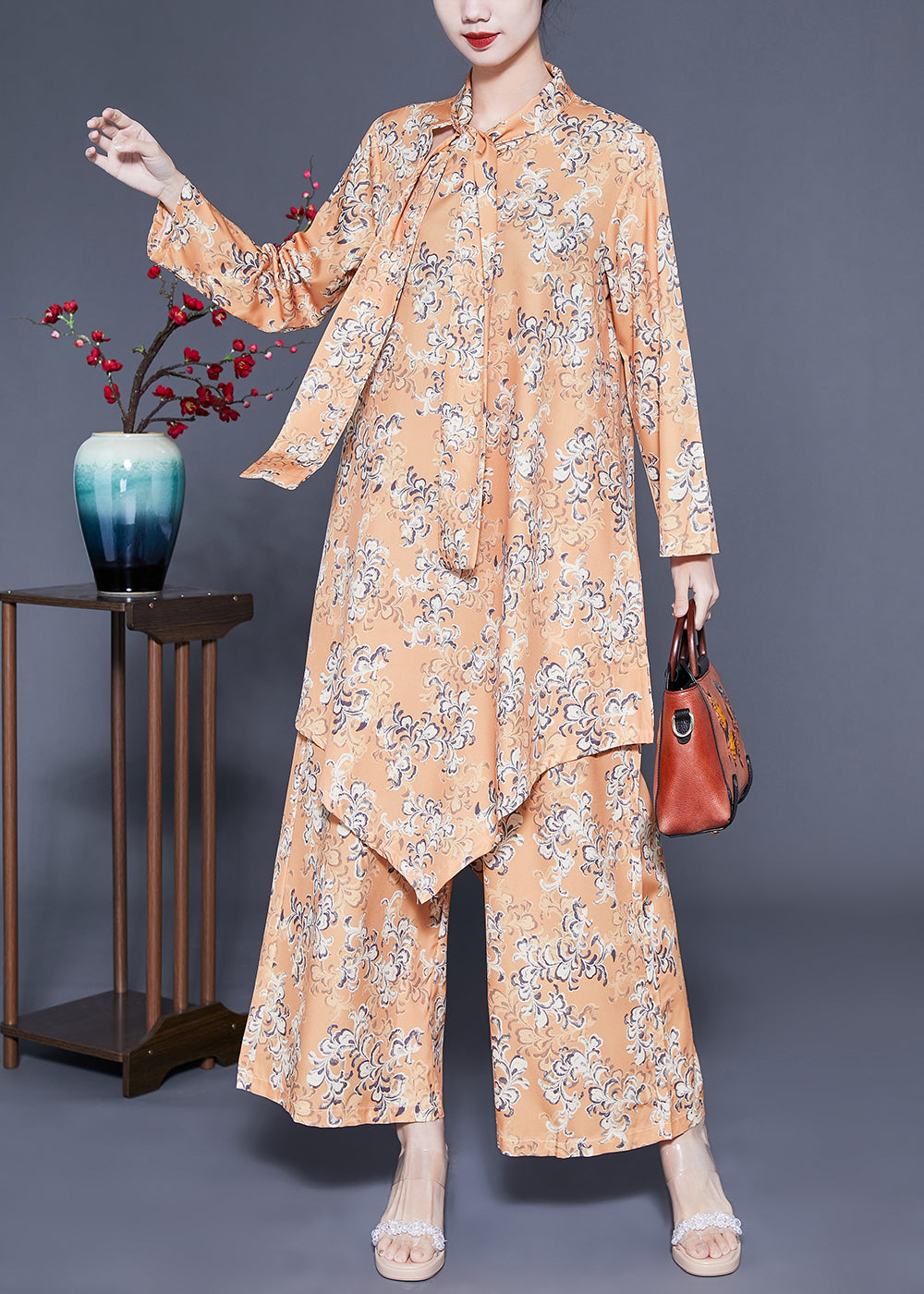 peopleterritory Modern Khaki Bow Asymmetrical Design Print Silk Two Piece Set Women Clothing Spring