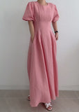 peopleterritory Modern Rose Cinched Wrinkled Linen Long Dress Puff Sleeve LY1369