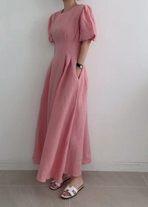 peopleterritory Modern Rose Cinched Wrinkled Linen Long Dress Puff Sleeve LY1369