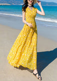 peopleterritory Modern Yellow V Neck Print Chiffon Long Dress Short Sleeve LY1702
