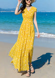 peopleterritory Modern Yellow V Neck Print Chiffon Long Dress Short Sleeve LY1702