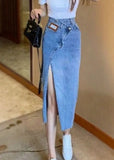 peopleterritory Natural Blue Sashes Patchwork High Waist Denim Maxi S TY1019kirts